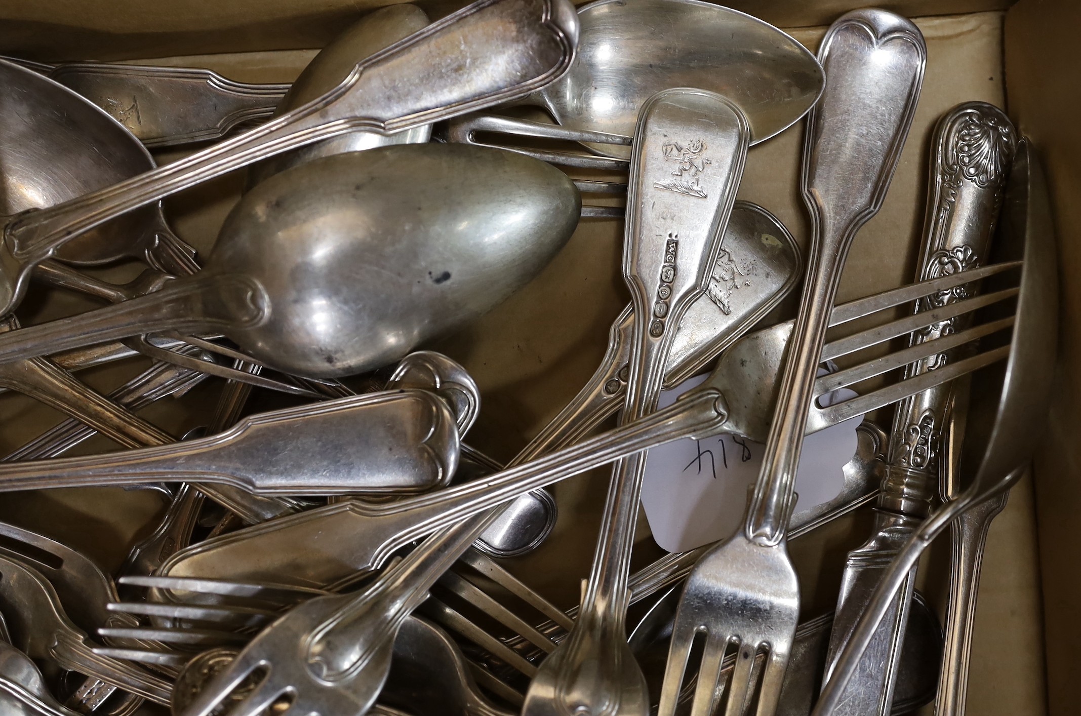 A quantity of assorted mainly 19th century and later silver flatware including ten items of fiddle and thread by Richard Crossley, London, 1801 and a plated teaspoon, weighable silver 72 oz.